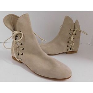 Maud Frizon Paris Natural Beige Suede Leather Lace Up Flat Bootie Boot Italy 36